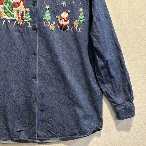 Karen Scott Denim Christmas Shirt Women's Medium Santa Claus Embroidered - Picture 5 of 16